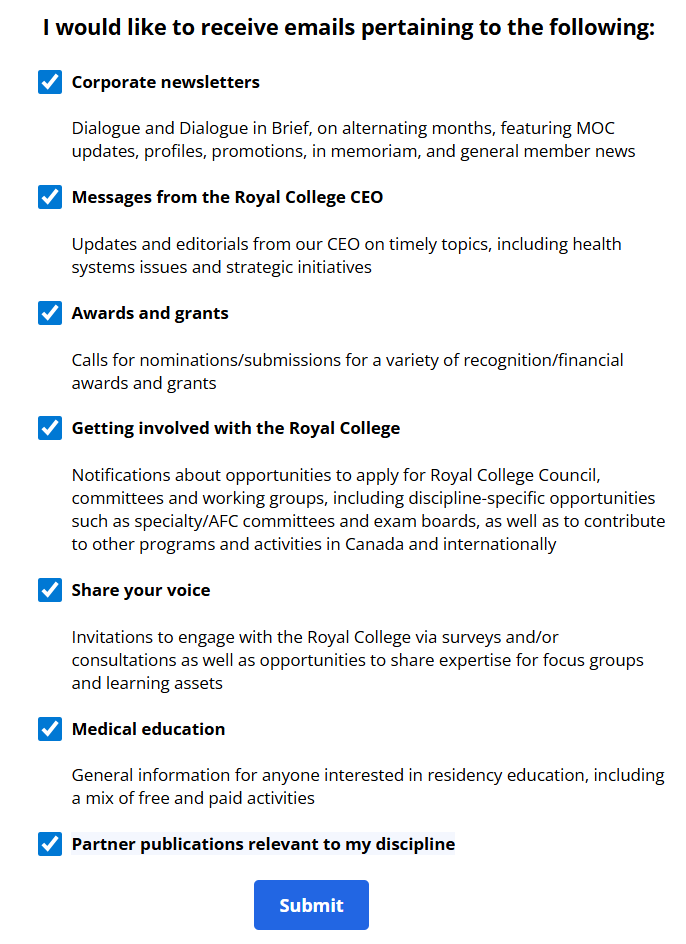 A list of the different Royal College email categories and a brief description