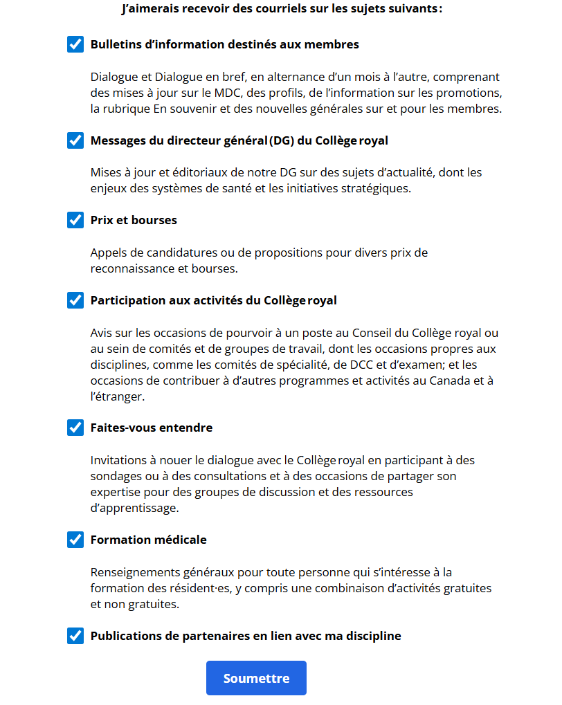  La liste des différentes catégories de courriels ainsi qu’une brève description